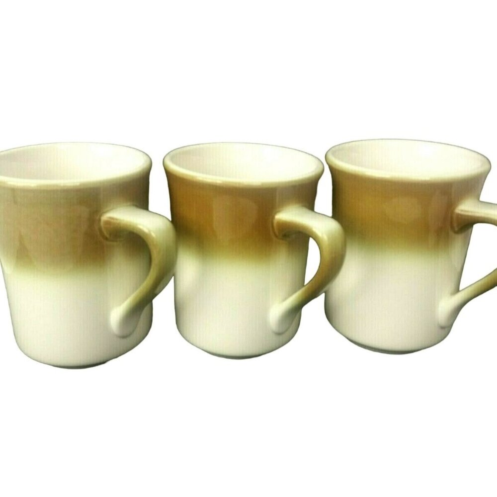 Syracuse China Mugs Cups 3 pc Set Cinnamon Pattern Restaurant Ware White Tan